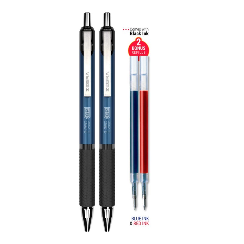 Zebra Pen G-350 Gel Pens 2-Pack, Black Ink, 0.7mm Medium Point, Cobalt Blue Premium Metal Barrel, Rapid Dry Ink, Textured Rubber Grip, Secure Metal Clip, Includes 2 Refills (40212) - Image 1